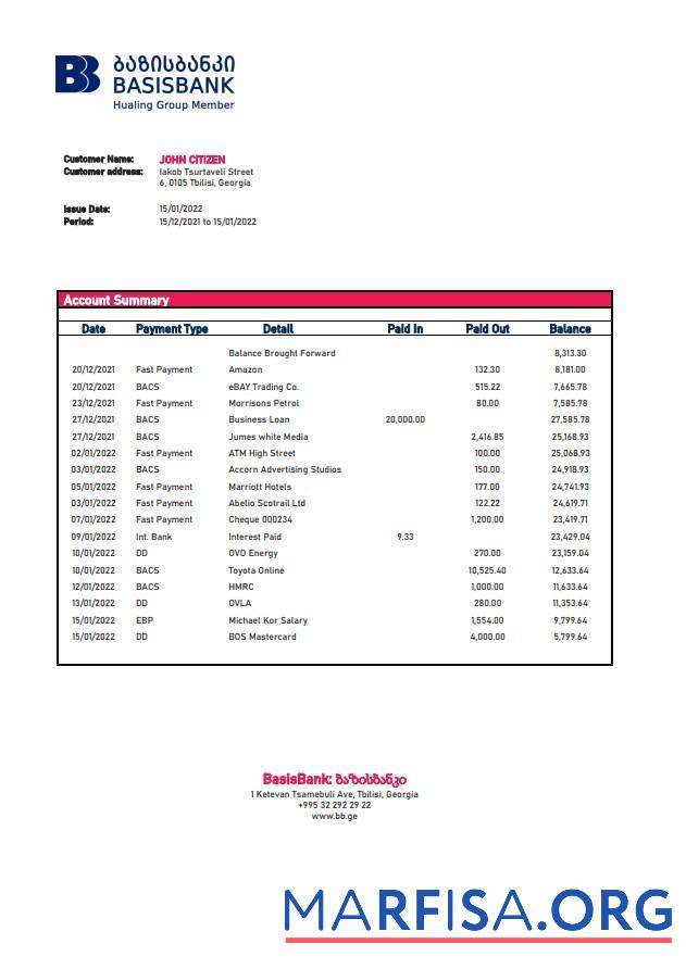 Printable Georgia Basis Bank statement sample